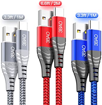 3BAO USB Type C Cable,(3-Pack 3.3ft 3.3ft 6.6ft) Nylon Braided Fast Charging Cable USB A to USB C Charger Cord Compatible for Samsung Galaxy S10 S8 S9 Plus Note 9 8, LG G7 V40 V20 V30 G6 G5 Nintendo Switch, Motorola G6/G7,Google Pixel 2/2XL and more( Grey Red Blue)