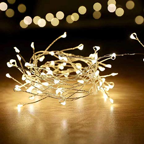 100 LED Cluster Fairy Light,Copper Firecrackers String Garland,8.2ft USB Interface,Waterproof,Christmas Holiday Decoration,Indoor/Outdoor Bedroom,Garden,Yard,Patio,Wedding (Silver Wire,Warm White) CA