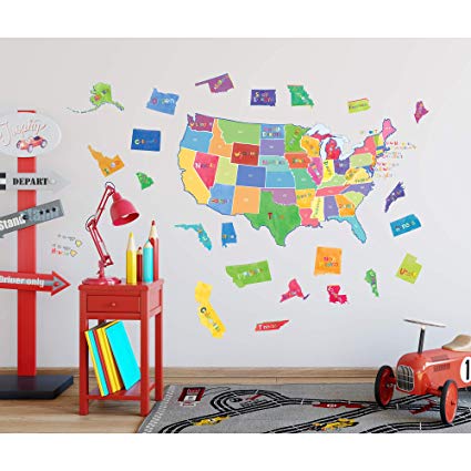 Wallies Vinyl Wall Decals, US State Map Wall Stickers for Kid's Bedrooms, Playrooms and Classrooms, 51 PC
