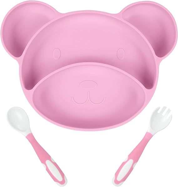 Vicloon Suction Plates for Baby, Silicone Suction Dishware Plate with Spoon and Fork,Toddler Plates Bear Shape,Divided Plates Stay Put with Suction Feature, Silicone Grip Dish for Dishwasher(Pink)