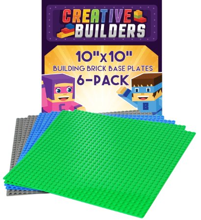 Creative Builders - Our Best 6 pack Green Blue Grey Variety Base Plates | Large 10" X 10" | LEGO compatible