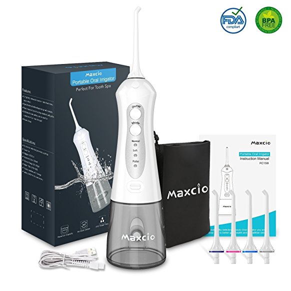 Cordless Water Flosser, Maxcio Professional 3-Mode USB Rechargeable Oral Irrigator Dental Flosser with 200ML Tank and 4 Jet Tips, IPX7 Waterproof - Poratable Water Flosser Combo for Home and Travel