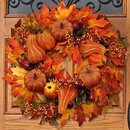 BESTTOYHOME Fall Door Wreath 24 inch - Large Autumn Door Wreath Harvest Wreath Autumn Silk Maple Leaves Wreath Garland Attached Pumpkins, Acorns, Berries for Outdoor Display