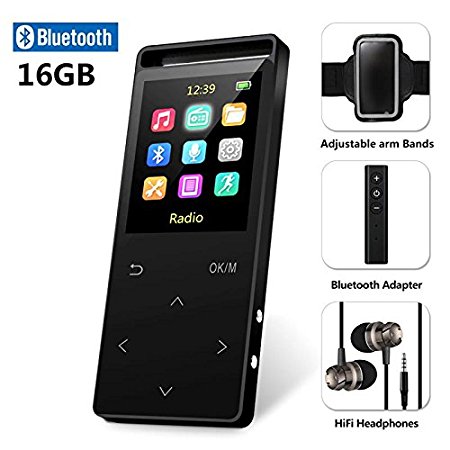 16GB Bluetooth MP3 Player with FM Radio/ Voice Recorder, 60 Hours Playback, Lossless Sound,Metal Touch button , 1.8 Inch Color Screen, HD Sound Quality Earphone , with an Armband, Black and Bluetooth