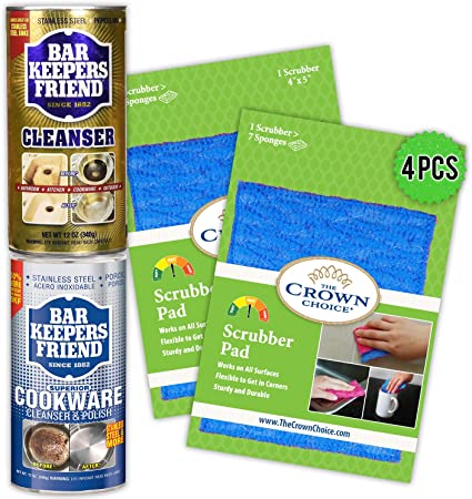 BAR Keepers Friend Powder Home Care Kit - Soft Cleanser(12oz)   Cookware Cleaner (12oz)   Two All Purpose Scrubber Pads