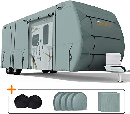 KING BIRD Extra-Thick 4 Layers Travel Trailer RV Cover Anti-UV Top Panel, Durable Camper Cover, Fits 33'-35' Motorhome -Breathable, Water-Proof, Rip-Stop with 2Pcs Extra Straps & 4 Tire Covers