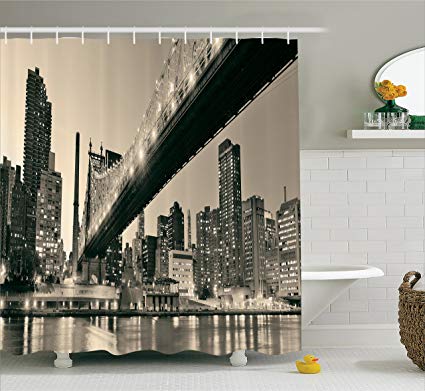 Queensboro Bridge NYC Night Art Prints New York City View Modern Bathroom Selection Urban Home Decor Ombre Polyester Fabric Shower Curtain Gray Brown