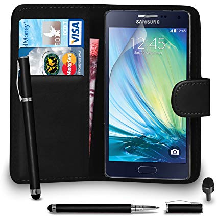 Premium Leather BLACK Wallet Flip Case FOR Samsung Galaxy A5 2017 Case Cover with 2 IN 1 Ball Pen Touch Stylus Screen Protector & Polishing Cloth Black Cap, (WALLET BLACK)