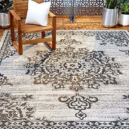 Home Dynamix Nicole Miller Patio Country Azalea Indoor/Outdoor Area Rug 7'9"x10'2", Traditional Medallion Gray/Black