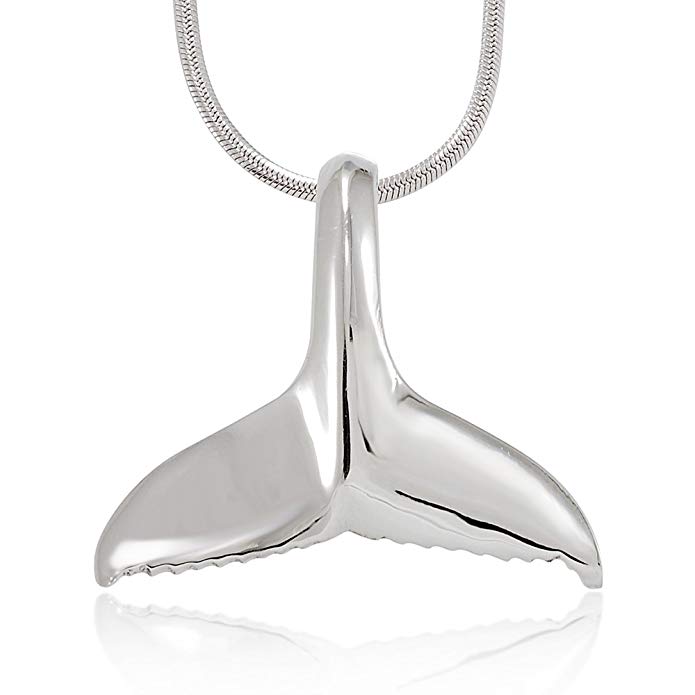 925 Sterling Silver High Polished Solid Whale Tail Pendant on Alloy Necklace Chain, 18 inches