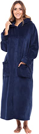 Alexander Del Rossa Women's Zip Up Fleece Robe with Hood, Warm Loose Bathrobe