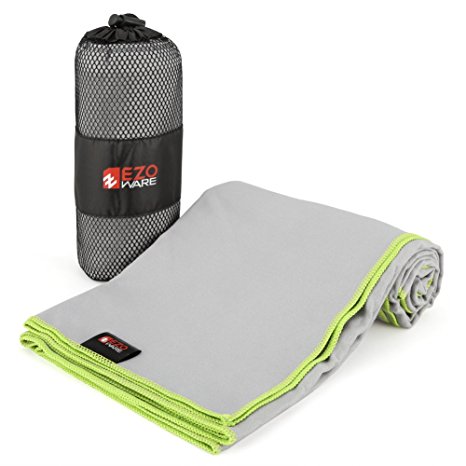 EZOWare Microfiber Towel for Pool, Travel, Beach, Bath, Gym, Camping - Gray and Green Trim / Medium, Super Absorbent Quick Dry with Carry Pouch