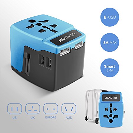 LeadTry Universal Travel Power Adapter with 6 USB Charging Ports, Each High Speed Smart 2.4A Max, Worldwide All in One AC Outlet Plug Wall Charger Adapter Converting for Europe, UK, US, AU, Asia