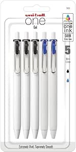 Uni-Ball® One Retractable Gel Pens, Micro Point, 0.5 mm, White Barrel, Black/Blue Ink, Pack Of 5 Pens