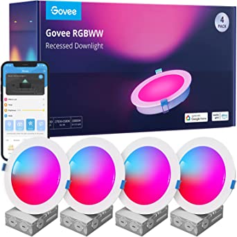 Govee Smart Recessed Lighting 6 Inch, Wi-Fi Bluetooth Direct Connect RGBWW LED Downlight, 65 Scene Mode, Work with Alexa & Google Assistant, LED Recessed Lighting with Junction Box, 1100 Lumen, 4 Pack