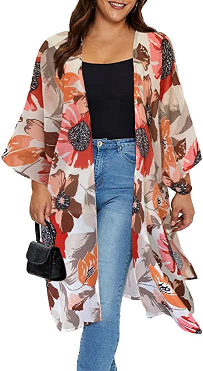 Women's Floral Print Puff Sleeve Kimono Cardigan Loose Cover Up Casual Blouse Tops