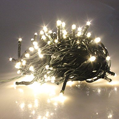 RPGT® 100/200/300/400/500 LED 31V Safe Voltage Green Cable Warm White String Fairy Lights with 8 Light Effects, Ideal for Christmas Trees, Xmas,Party,Wedding Events, etc (200 LEDs)