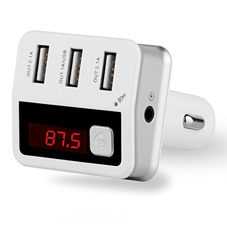 iSunnao Bluetooth Car Kit FM Transmitter with 3 USB Chargers, White