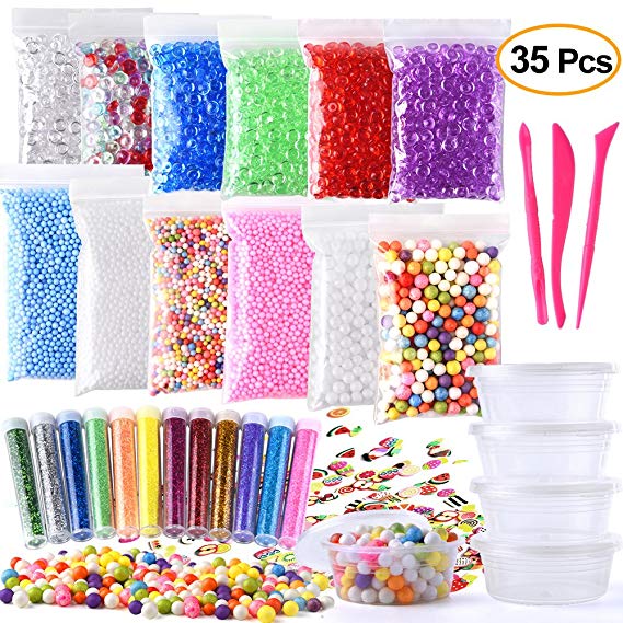 Fepito 35 Pack Craft Slime Making Kits Fruit Slime Crunchy Slime Foam Slime Accessories Including Slime Box Fishbowl Beads Glitter Fruit Slices Foam Beads for Slime DIY (Contain No Slime)