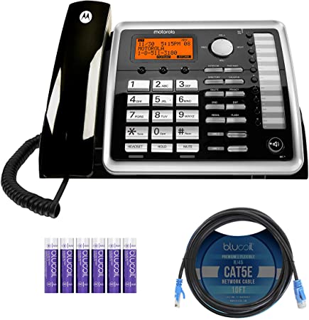 Motorola ML25260 DECT 6.0 Expandable Corded 2-Line Business Phone with Speakerphone and Digital Answering System Bundle with Blucoil 10-FT 1 Gbps Cat5e Cable and 6 AAA Batteries