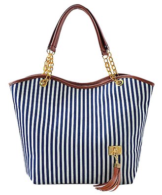 niceeshop Fashion Stripe Single Shoulder Canvas Bag Women Handbag (Blue White)