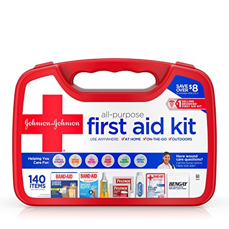 Johnson & Johnson Red Cross All Purpose First Aid Kit For Minor Cuts, Scrapes And Sprains, 140 Pieces