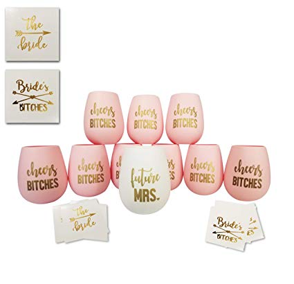 Cheers Bitches Bachelorette Party Silicone Wine Glass- Set 10 Pink and Gold Bundle with Temporary Tattoos - Bridesmaid Wedding Gift Party Favors - Bachelorette Party Supplies