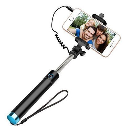 Selfie stick Geekee 3-In-1 Wired Selfie Stick Self-portrait Extendable Monopod and Built-in Remote Shutter and Adjustable Phone Holder for iPhone 6s6 Plus55s5c Galaxy S6 Edge PlusS5S4S3 Blue