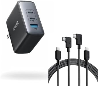 Anker USB C Cable Right Angle, 240W 2-Pack 6 ft USB C to USB C Cable, 90 Degree Type C Braided Charging Cord&Anker USB C Charger Block(GaN II 100W), 3 Port Fast Compact Wall Charger