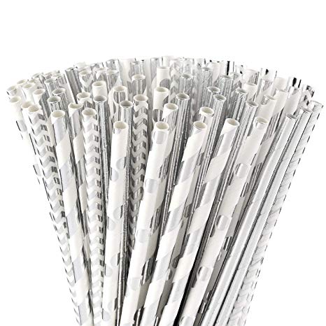 ALINK Biodegradable Silver Paper Straws Bulk, Pack of 100 Metallic Foil Striped/Wave/Dots Straws for Birthday, Wedding, Bridal/Baby Shower, Celebrations and Party Supplies