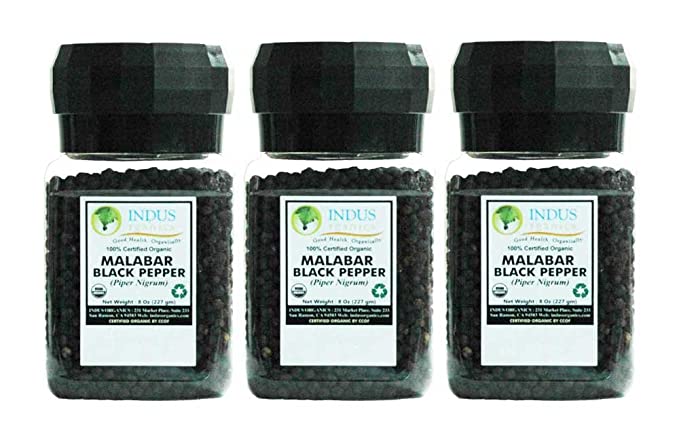 Indus Organics Malabar Black Peppercorns, 8 Oz (1x3 Jars of Grinder), Premium Grade, High Purity, Freshly Packed