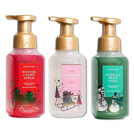 Bath & Body Works Holiday Trio Gentle Foaming Hand Soap Set of 3 - Winter Candy Apple, Vanilla Bean Noel and Champagne Toast. (Bottle Design May Vary)