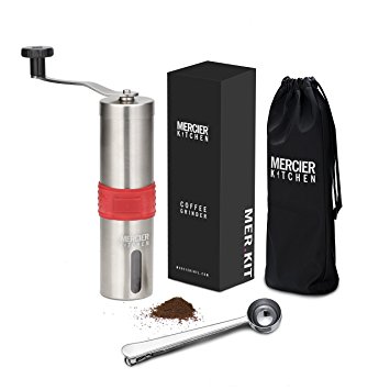 MERCIER Manual Coffee Grinder with Silicone Easy Grip - Adjustable Ceramic Burr - Aeropress Compatible - Includes carrying Pouch and Stainless Spoon