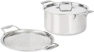 All-Clad D5 5-Ply Brushed Stainless Steel Stockpot with lid and Strain & Splatter Guard, 8-Quart, Induction, Oven & broiler safe up to 600°F, Cookware, Pots and Pans, Kitchen Essential, Silver