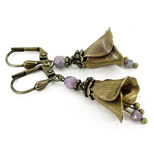 Victorian Style Brass Flower Earrings with Lavender Czech Glass Beads and Dangles