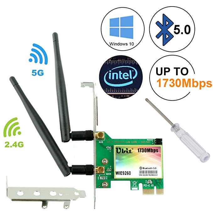 Ubit AC 1730Mbps Bluetooth 5.0 Wireless WiFi Card, 802.11 AC Dual-Band WLAN 1730Mbps Network Card with Bluetooth 5.0, Dual-Band 2.4GHz 300Mbps or 5GHz 1430Mbps Network Card for WIN10（WIE9260）