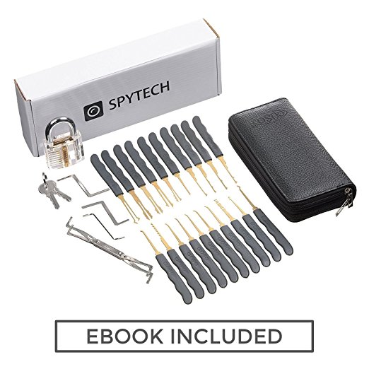 SpyTech 24 Piece Lock Pick Extractor Set with Transparent Padlock for Unlocking Practice