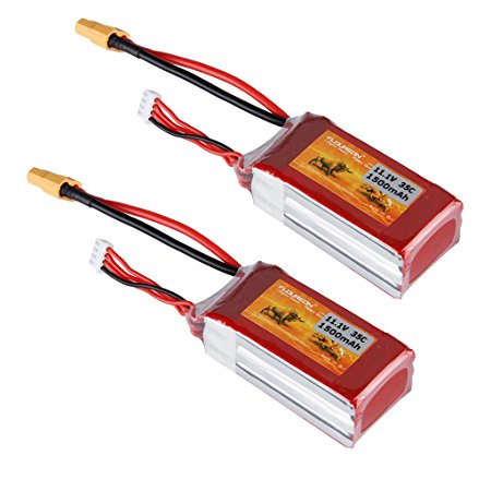 Floureon 2 Packs 3S 11.1V 1500mAh 35C RC Lipo Battery with XT60 Plug for RC Car, Skylark m4-fpv250, Mini Shredder 200, Qav250, Vortex, Drone and FPV (2.75 x 1.41 x 0.86 Inch)