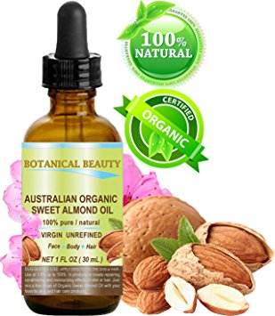 ORGANIC Sweet ALMOND OIL AUSTRALIAN 100% Pure / Virgin / Unrefined Cold Pressed Carrier Oil. 1 oz-30 ml. For Face, Hair and Body.