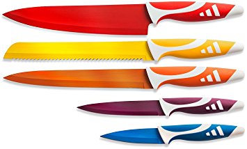 Brandobay Colored Multi-Purpose Kitchen Knife Set - Knife Essentials - Paring, Boning, Chef's, Carving and Bread Knives - Color Coded Kitchen Knives with Soft-touch Handles