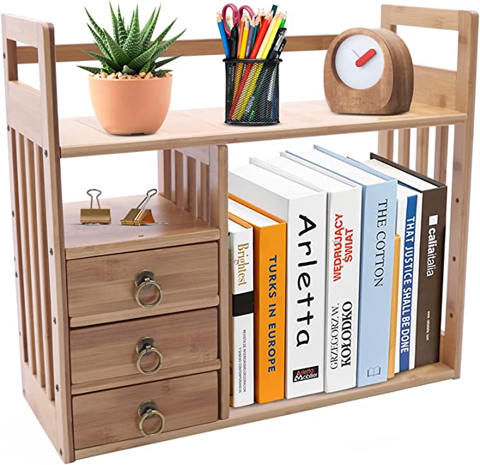 ZHFEISY Desktop Book Organizer Bamboo Storage Rack for Desk with 3 Drawers Desk Shelf Table Display Stand Shelf 19.7X 7.5 x 17.7 Inches for Home Office