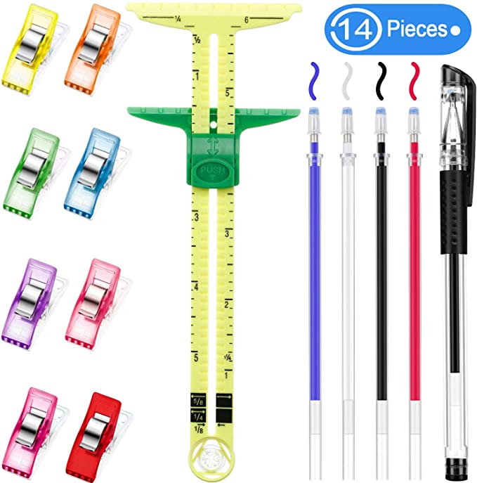 8 Pieces Sewing Clips Multipurpose, T-Shaped Sliding Gauge Sewing Measuring Tools with 5 Pieces Heat Erase Pens for Fabric,Quilting,Craft