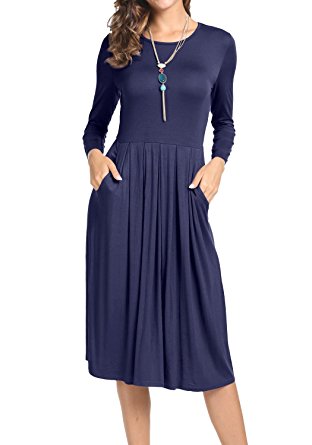 levaca Women's 3/4 Sleeve Pleated Loose Swing Casual Midi Dress With Pockets