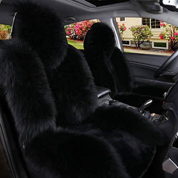 IMQOQ A Pair Genuine Sheepskin Fur Car 2 Front Seat Covers Set Winter Warm Universal Black