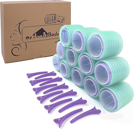 myHomeBody Self Grip Hair Rollers, Extra Large and Jumbo Hair Curlers with Clips | Hair Rollers for Long Hair | 36 pcs Set Includes 24 Rollers & 12 Duckbill Hair Clips – Violet & Mint