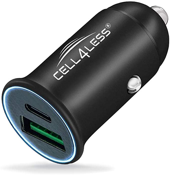 Car Charger Alloy Metal PD 3.0 & QC, Dual Port USB-C PD 3.0 w/Max 30W Output and USB-A QC 3.0 w/Max 22.5W Output - Mini and Portable Charger for iPhone 11, Pro, Max, Note 10, Plus, Edge (Black)