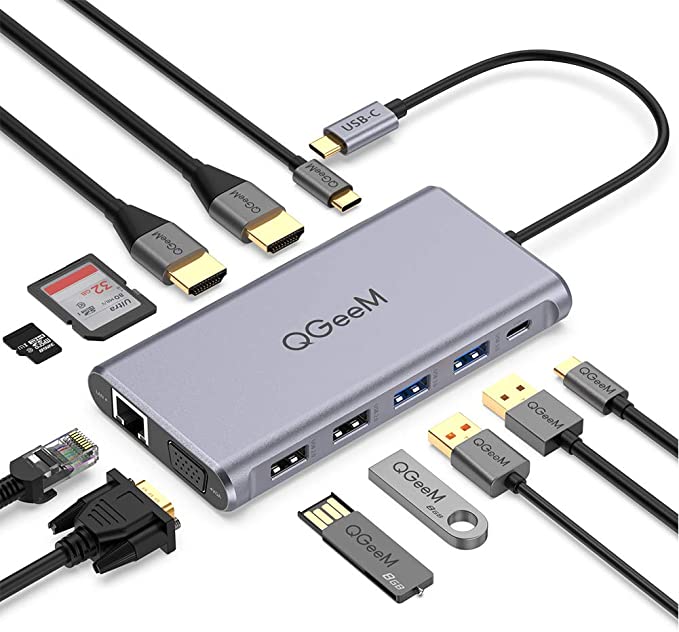USB C Hub, QGeeM 12 in 1 Triple Display Hub,USB C Docking Station with 4K Dual HDMI, 1080P VGA,100W PD, Ethernet,USB C to USB 3.0, Card Reader, USB-C Data Compatible with MacBook,USB C Dock