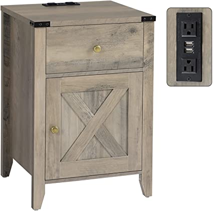 Itaar Farmhouse Rustic Nightstand with Charging Station for Bedroom, Farmhouse End Table with Drawer and Cabinet for Living Room, Side Table with Storage, Wood Look Accent Table, Retro Gray