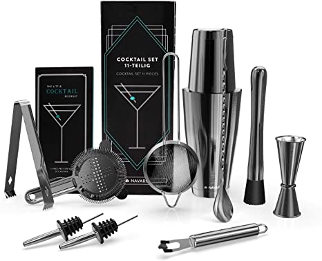 Navaris Cocktail Mixing Set (11 Pieces) - Stainless Steel Cocktail Shaker Set w/Boston Shaker, Strainers, Muddler, Home Bar Accessories - Dark Grey