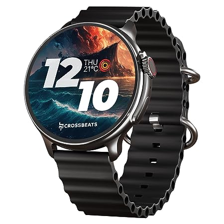 CrossBeats Aura Round 1.46" Super AMOLED Smart Watch, Always On, Advanced AI ENC Bluetooth Calling, in-Built Games, Fast Charge, Rotating Crown, 123  Sports Modes, 454 × 454 Pixel (Black, Black)